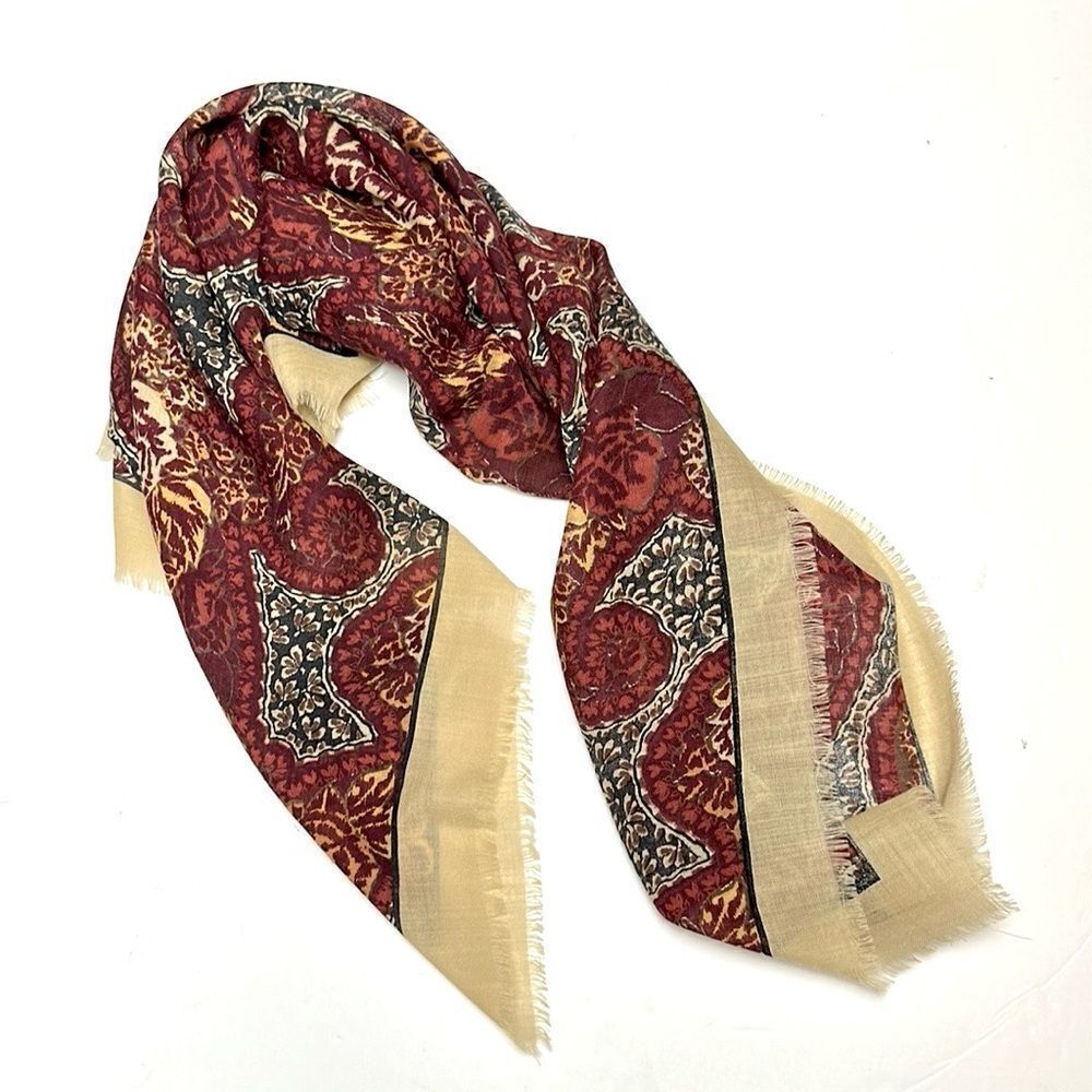 Wool Square Scarf Lightweight Tan Brown Plum Paisley Print Made in Italy 33x33”